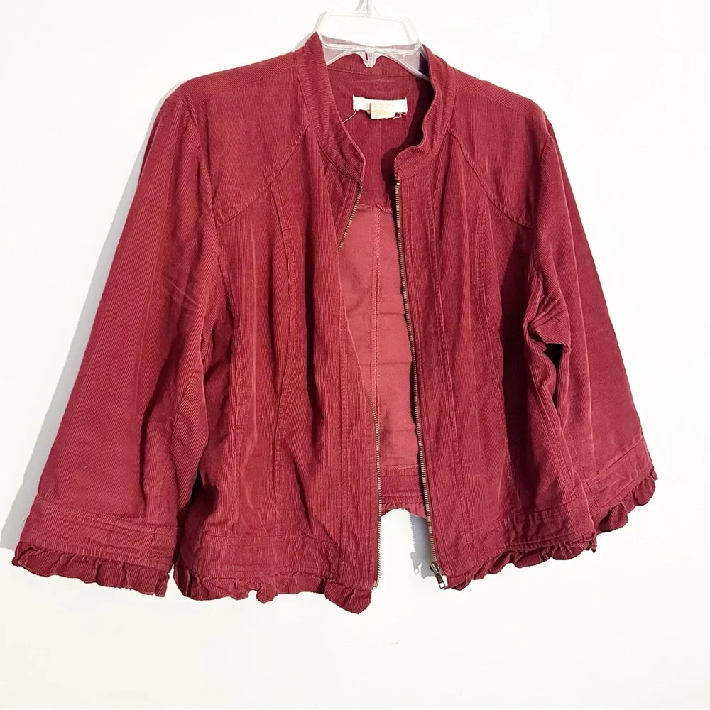 Sandro Corduroy Burgundy Zip Front Jacket Ruffle Hem 3/4 Sleeve Women’s Size XL